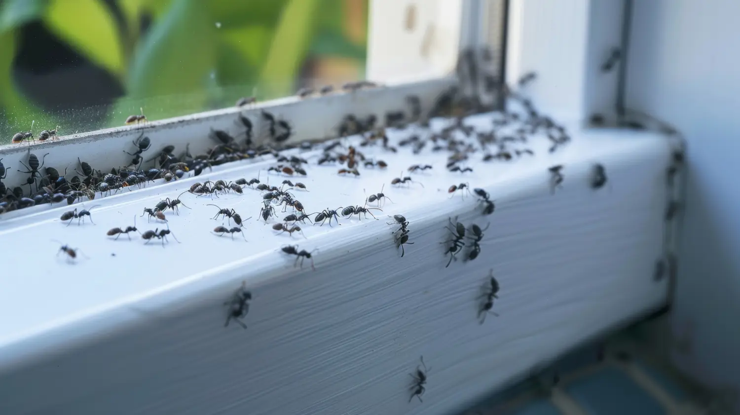 Eine große Gruppe von Ameisen, die ein Fensterbrett in einem Haus inspizieren, betont ihren organisierten Weg und ihr geschäftiges Wesen.