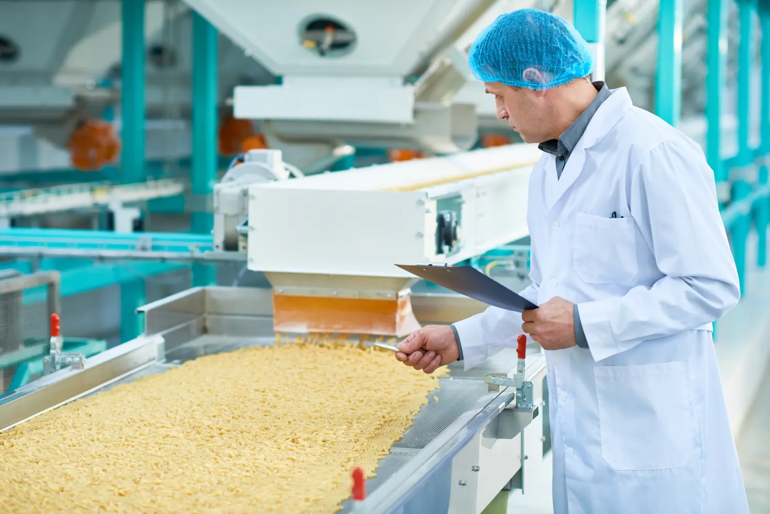 Professionell , Seitenansichtporträt eines leitenden Fabrikarbeiters, der die Produktionsqualitätsprüfung in der Lebensmittelindustrie durchführt und ein Klemmbrett neben dem Förderband hält, Kopierraum