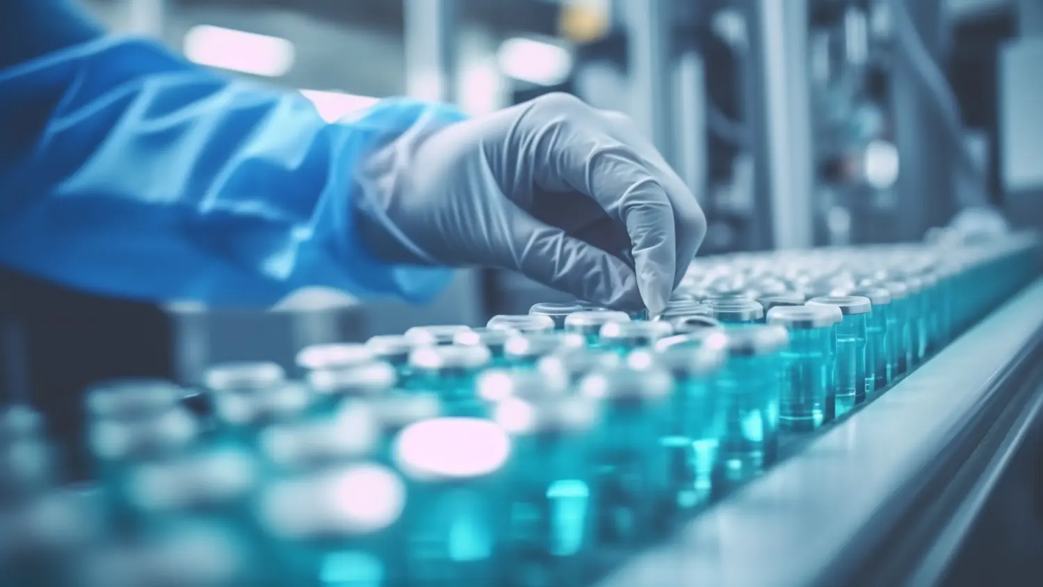 Kompetent  , Hände mit Hygienehandschuhen untersuchen medizinische Fläschchen an einer Produktionslinie in einer Pharmafabrik