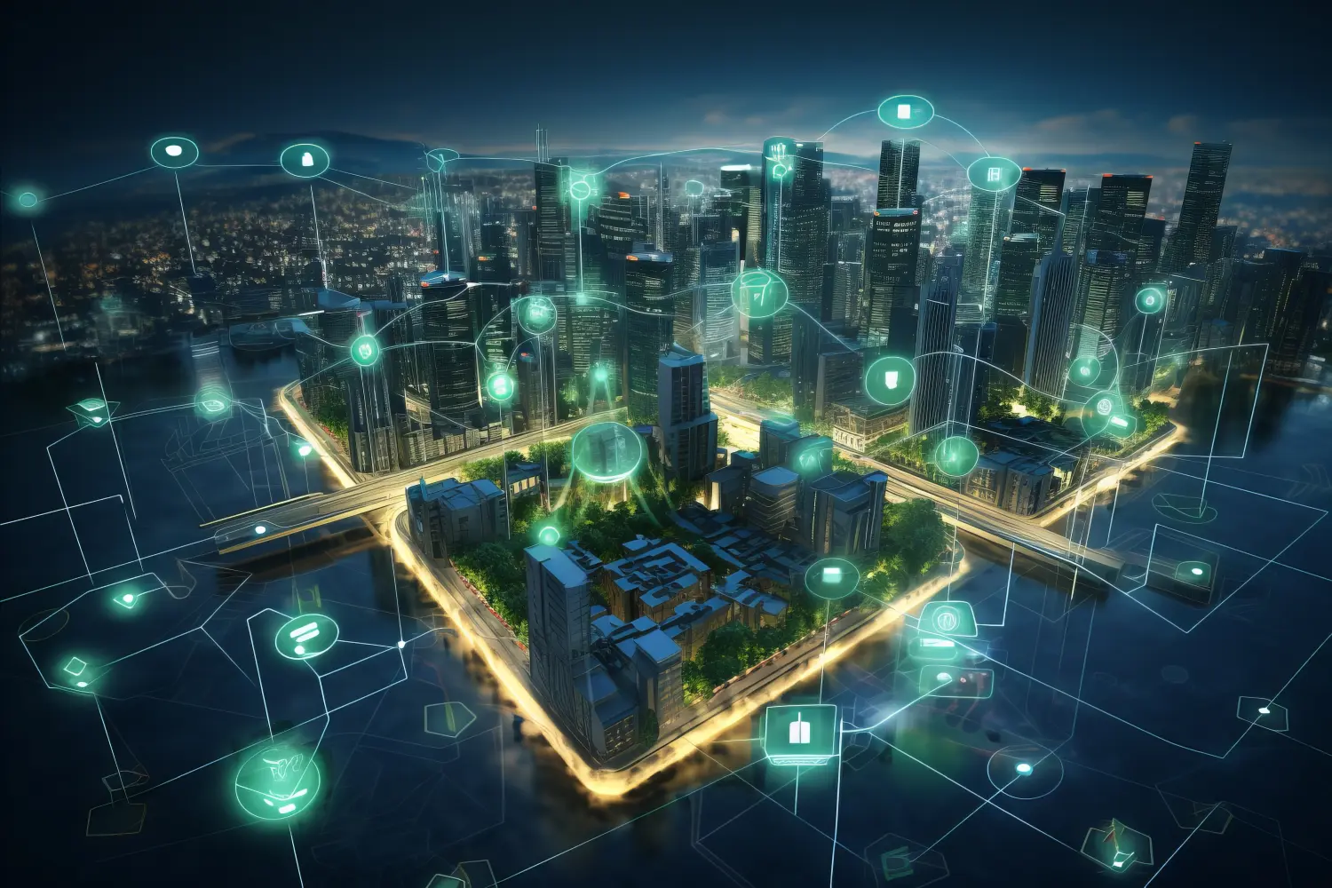 Diskret , Technologische Geräte zur Überwachung der Schädlingsaktivität in einer Smart City, futuristische Stadtlandschaft mit integrierter Schädlingsüberwachungstechnologie,